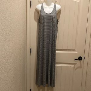 Poof Excellence Womens Sz L Maxi Dress Gray Stripe Sleeveless Racer Back Stretch
